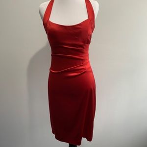Betsy & Adam Red Cocktail Dress satin size 8 medium Adjustable neck tie halter
